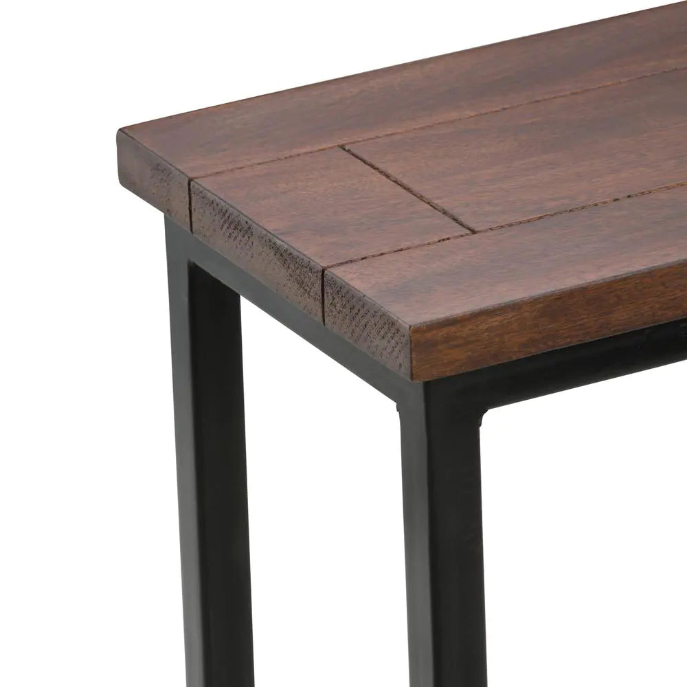 Skyler Solid Mango Wood and Metal 18 In. Wide Rectangle Industrial C Side Table in Dark Cognac Brown, Fully Assembled