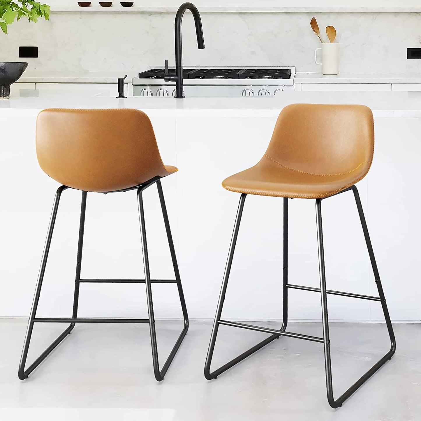 Industrial Faux Leather Bar Stools Set of 4