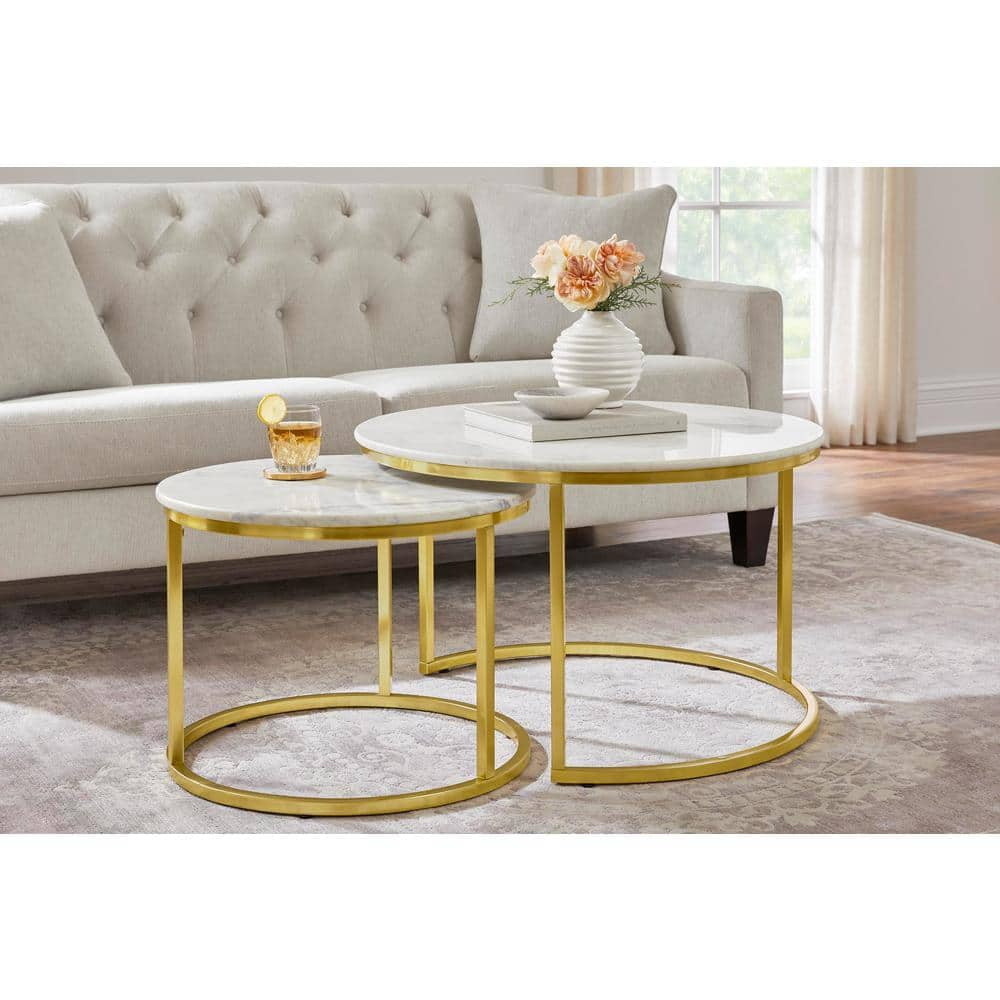 Cheval 2-Piece 31 In. Gold/Marble Medium round Marble Coffee Table Set