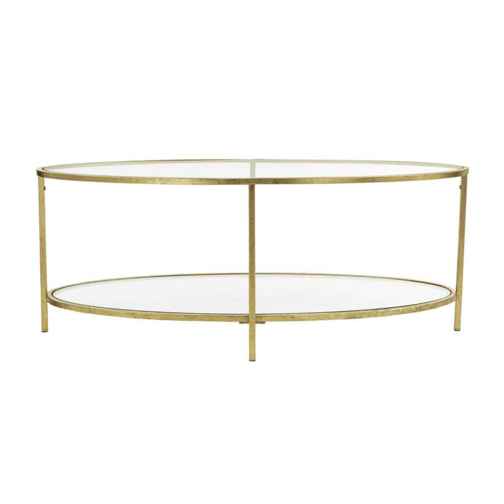 Bella 46 In. Gold Leaf/Clear Large Oval Glass Coffee Table with Shelf