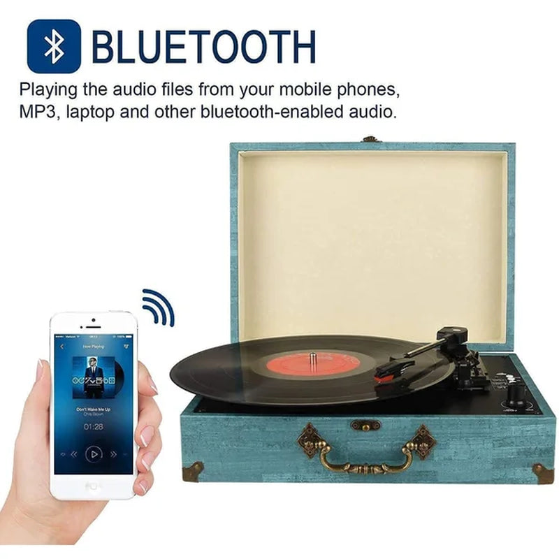 Vinyl Turntable Record Player with Built-In Bluetooth Receiver & 3 Speed