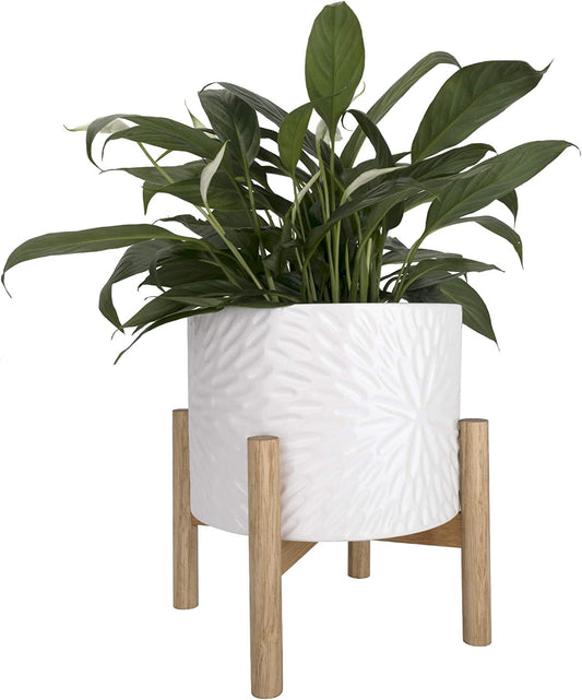 LA JOLIE MUSE Ceramic Plant Pot with Wood Stand - 8 Inch Unique Modern Flower Pots Indoor with Wood Planter Holder with Drainage, Bright White