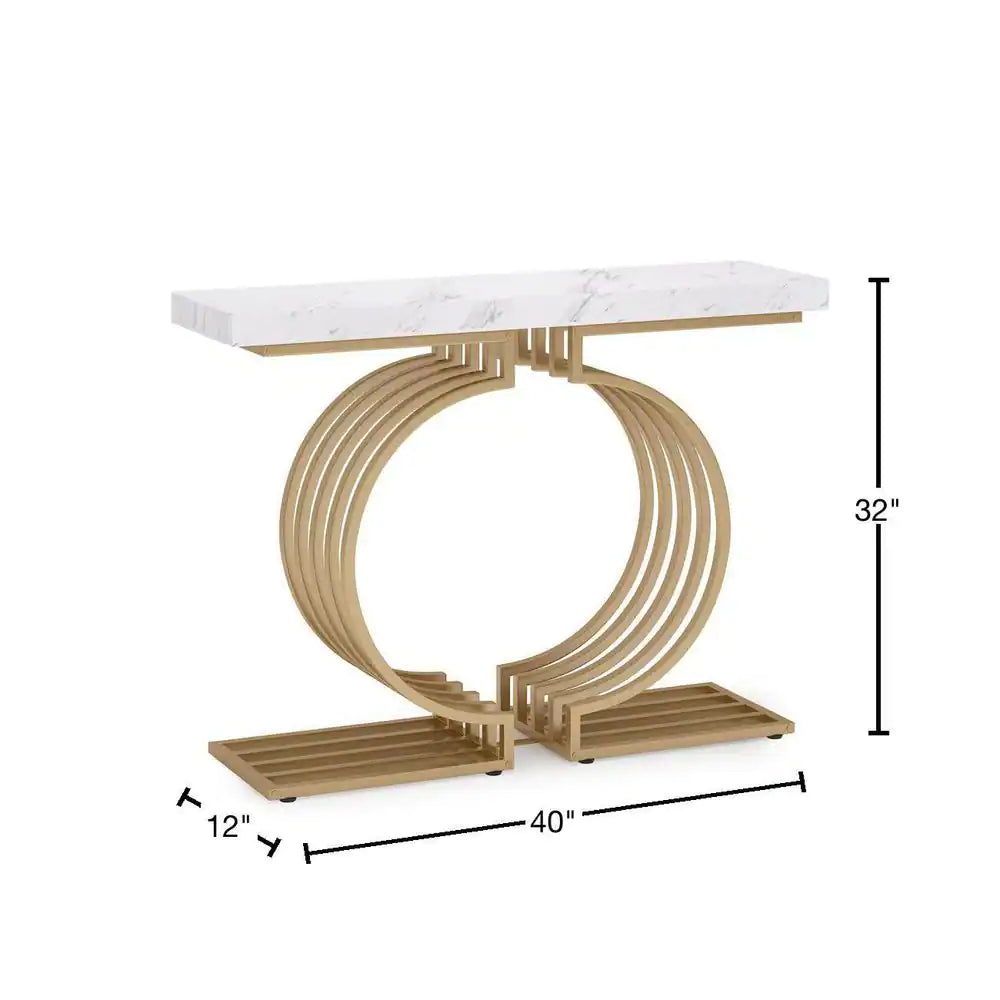 Turrella 40 In. Faux Marble White 32 In. Height Rectangle MDF Console Table with Gold Base, Modern Entryway Sofa Table