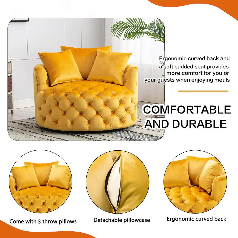 Mustard Yellow Swivel Velvet Upholstered Barrel Living Room Chair with Tufted Cushions