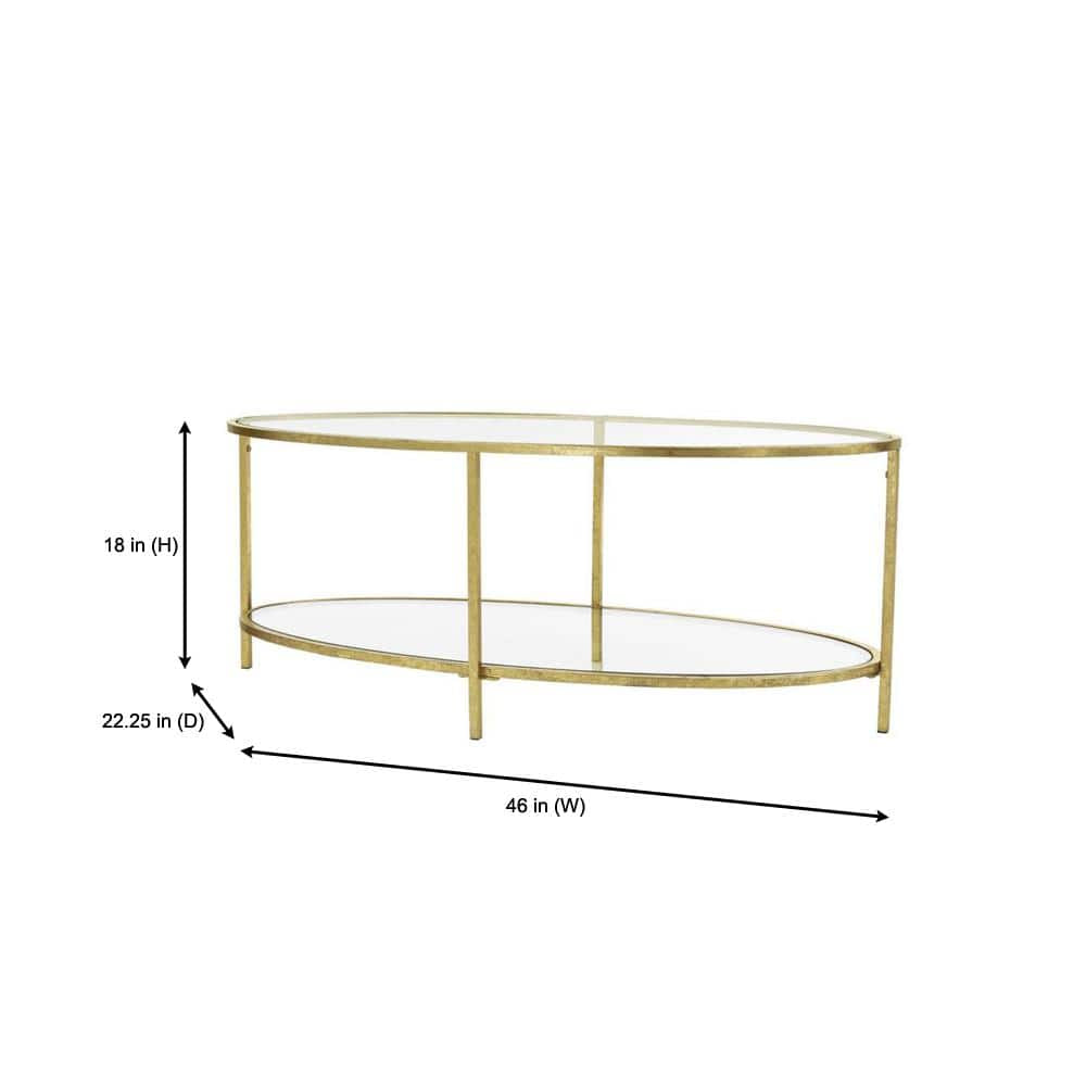 Bella 46 In. Gold Leaf/Clear Large Oval Glass Coffee Table with Shelf